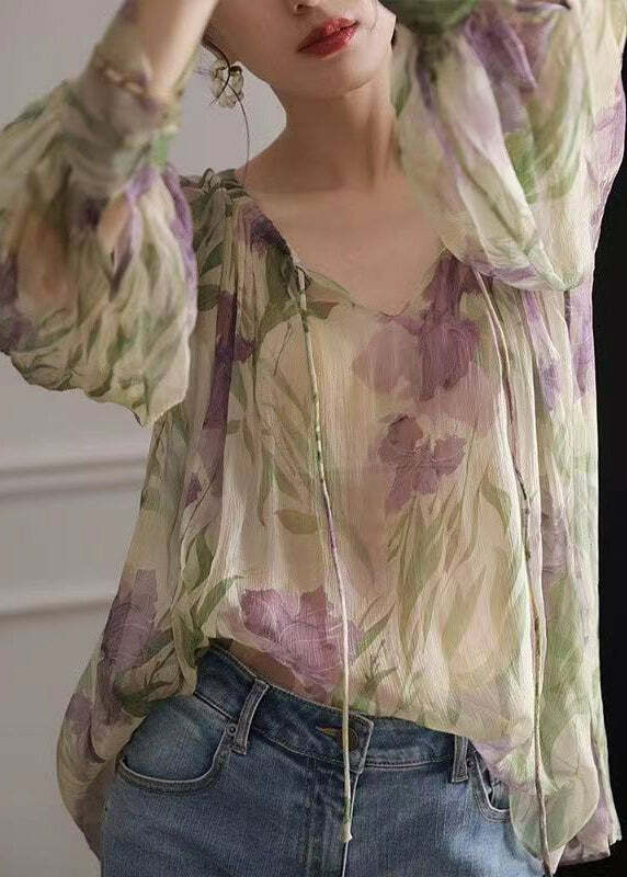 Y2K French Green Print Lace Up Chiffon Blouse - 90s Grunge Long Sleeve Top for Summer Outfits