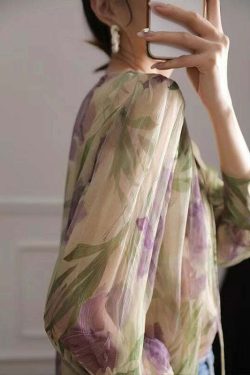 Y2K French Green Print Lace Up Chiffon Blouse - 90s Grunge Long Sleeve Top for Summer Outfits