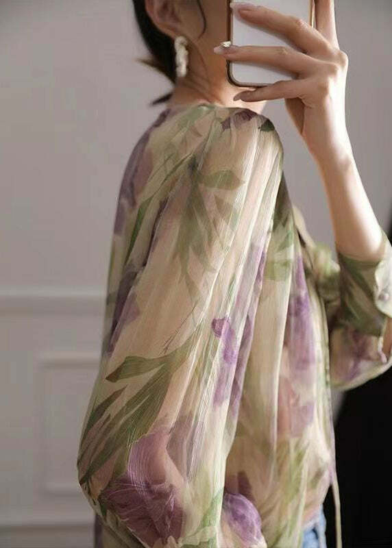 Y2K French Green Print Lace Up Chiffon Blouse - 90s Grunge Long Sleeve Top for Summer Outfits