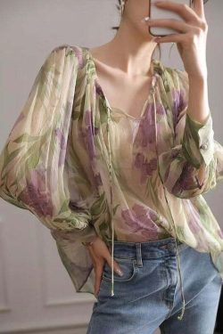 Y2K French Green Print Lace Up Chiffon Blouse - 90s Grunge Long Sleeve Top for Summer Outfits