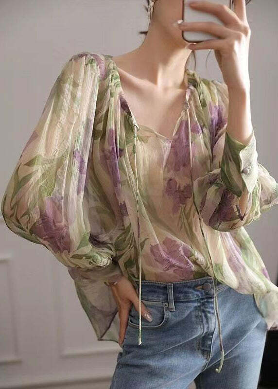 Y2K French Green Print Lace Up Chiffon Blouse - 90s Grunge Long Sleeve Top for Summer Outfits
