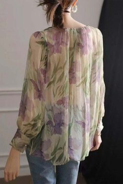 Y2K French Green Print Lace Up Chiffon Blouse - 90s Grunge Long Sleeve Top for Summer Outfits