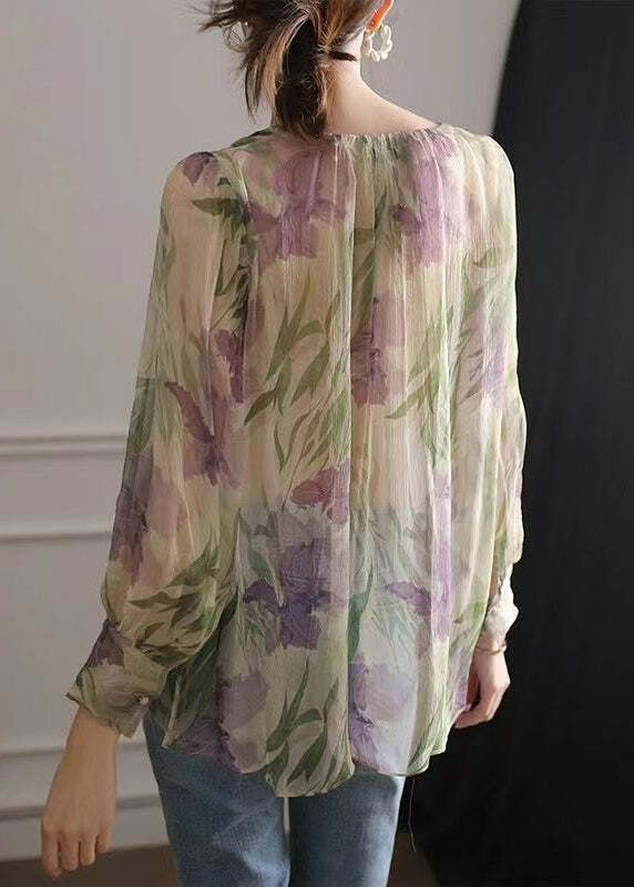 Y2K French Green Print Lace Up Chiffon Blouse - 90s Grunge Long Sleeve Top for Summer Outfits
