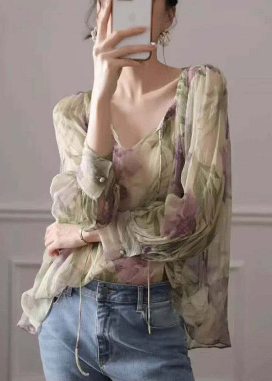 Y2K French Green Print Lace Up Chiffon Blouse - 90s Grunge Long Sleeve Top for Summer Outfits