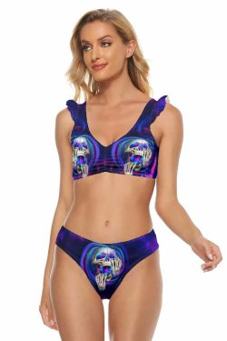 Y2K Galaxy Skull Ruffle Strap Bikini Set - Retro 90s Grunge Summer Beach Outfit