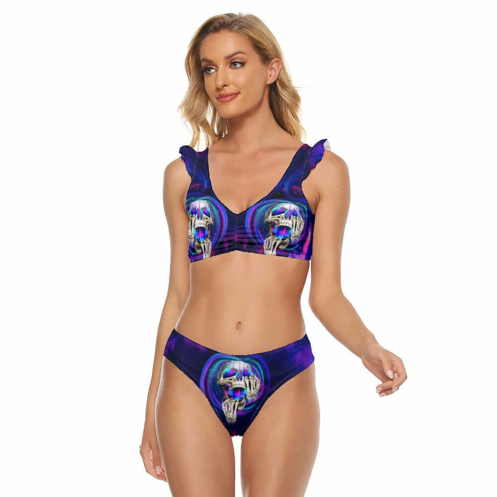 Y2K Galaxy Skull Ruffle Strap Bikini Set - Retro 90s Grunge Summer Beach Outfit