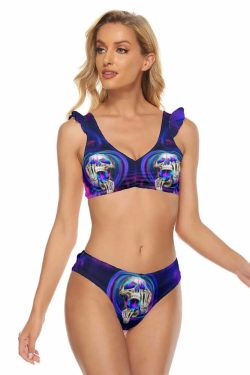 Y2K Galaxy Skull Ruffle Strap Bikini Set - Retro 90s Grunge Summer Beach Outfit