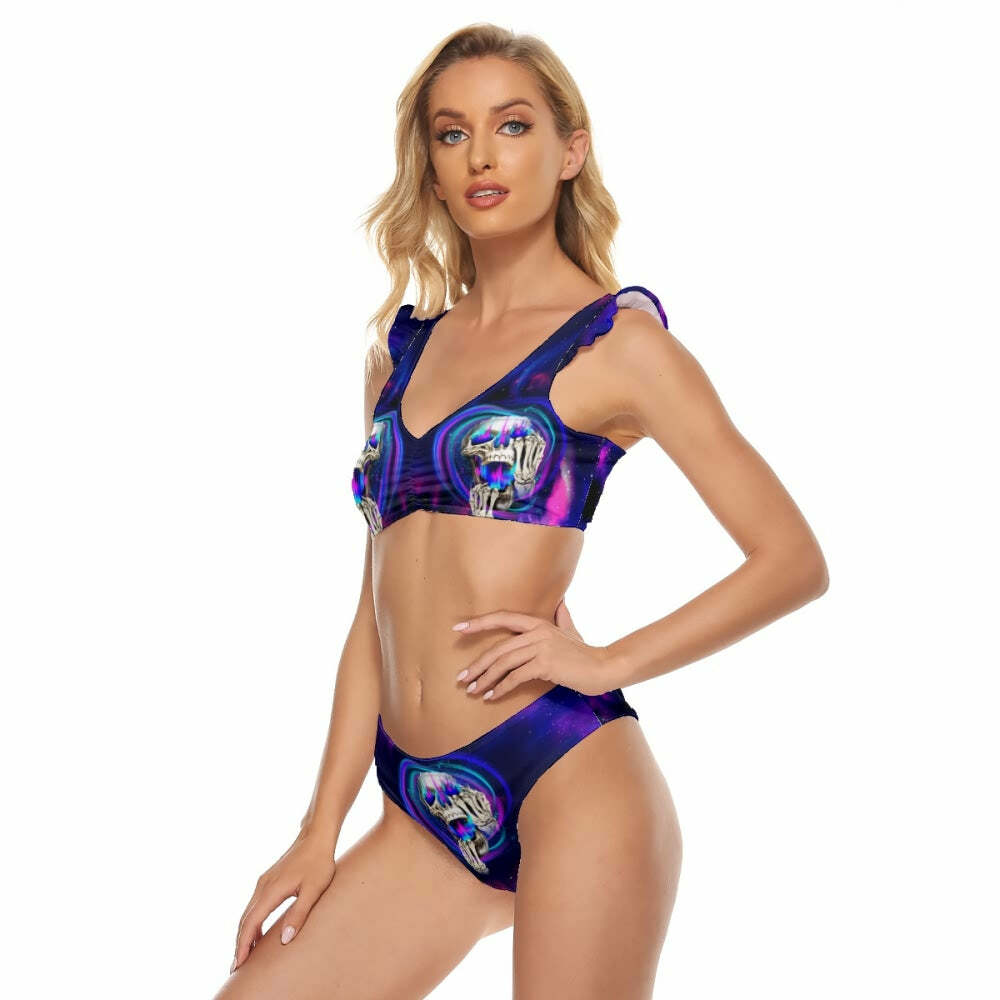 Y2K Galaxy Skull Ruffle Strap Bikini Set - Retro 90s Grunge Summer Beach Outfit
