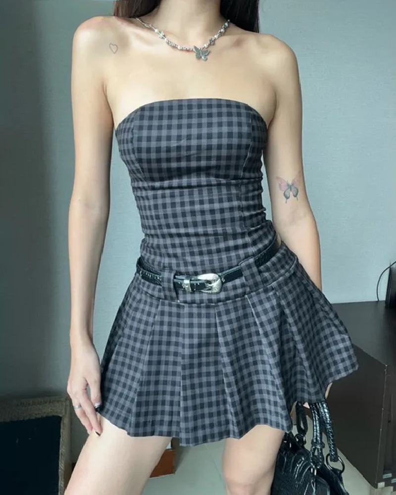 Y2K Gingham Mini Dress - 90s Grunge Summer Outfit, Retro Y2K Fashion, Pastel Goth Style