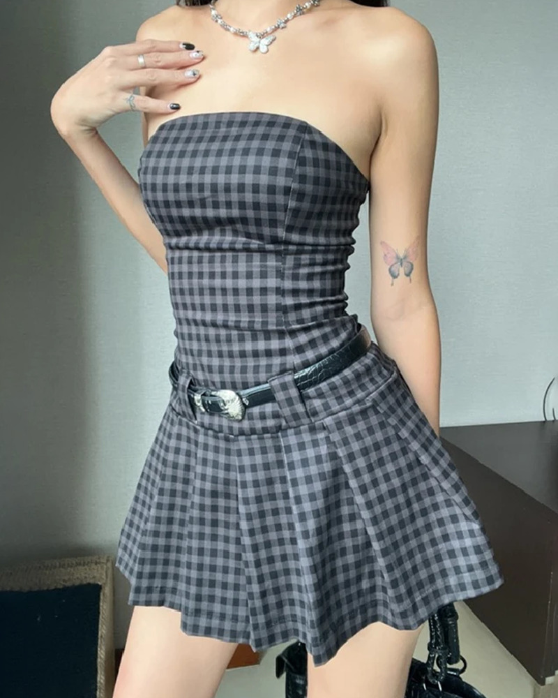 Y2K Gingham Mini Dress - 90s Grunge Summer Outfit, Retro Y2K Fashion, Pastel Goth Style