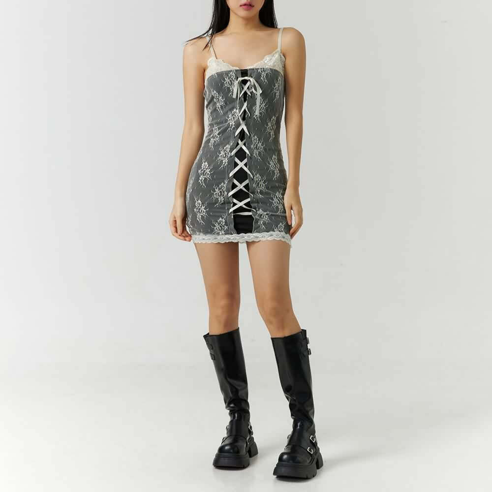 Y2K Goth Coquette Lace Mesh Mini Dress - 90s Grunge, Retro, Summer Party Outfit