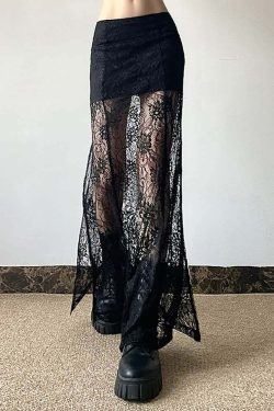 Y2K Goth Coquette Lace Slit Maxi Skirt - Retro 90s Grunge Summer Outfit
