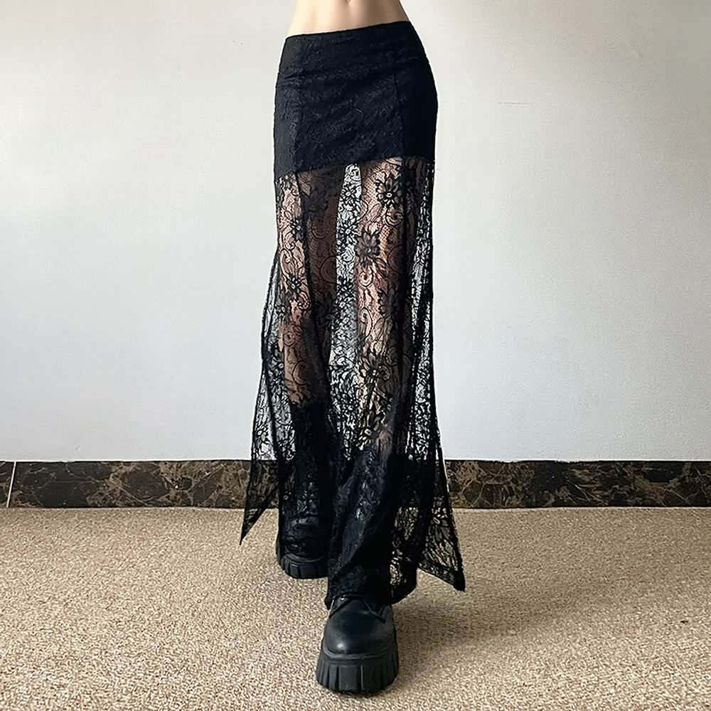 Y2K Goth Coquette Lace Slit Maxi Skirt - Retro 90s Grunge Summer Outfit