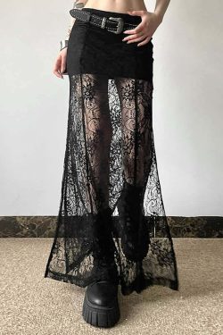 Y2K Goth Coquette Lace Slit Maxi Skirt - Retro 90s Grunge Summer Outfit