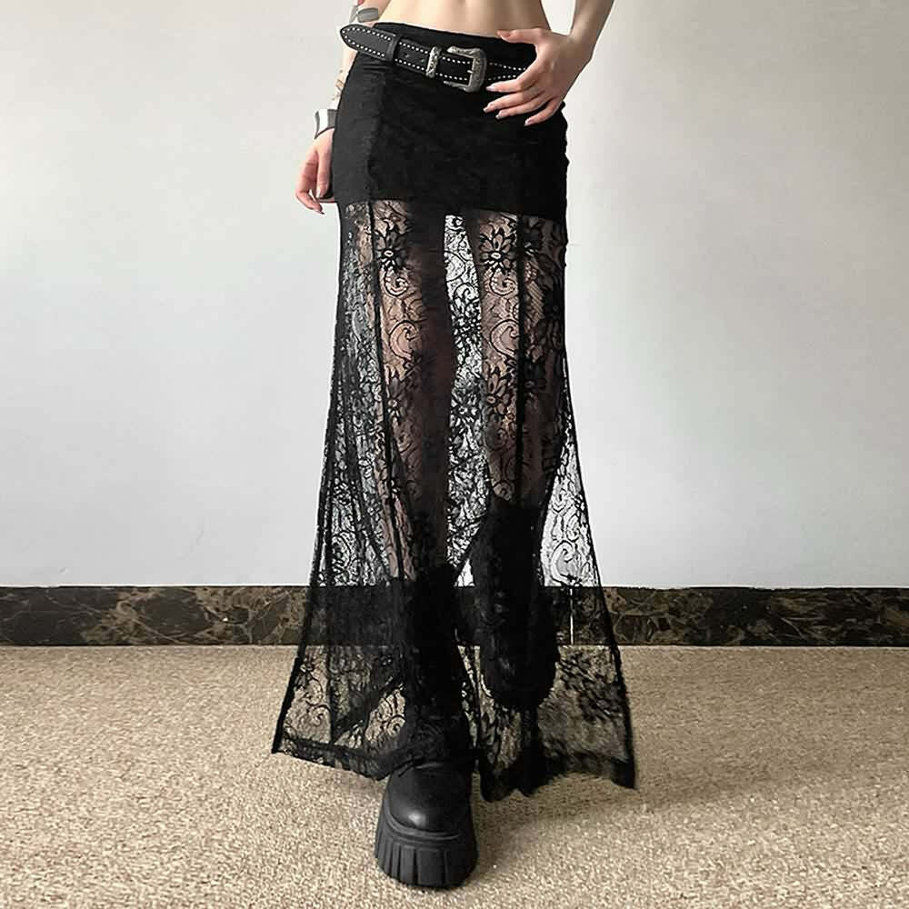 Y2K Goth Coquette Lace Slit Maxi Skirt - Retro 90s Grunge Summer Outfit