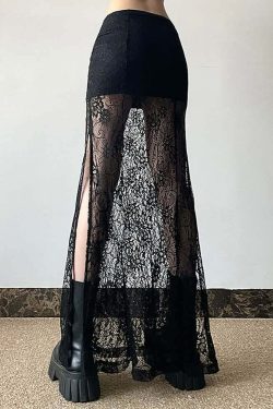 Y2K Goth Coquette Lace Slit Maxi Skirt - Retro 90s Grunge Summer Outfit