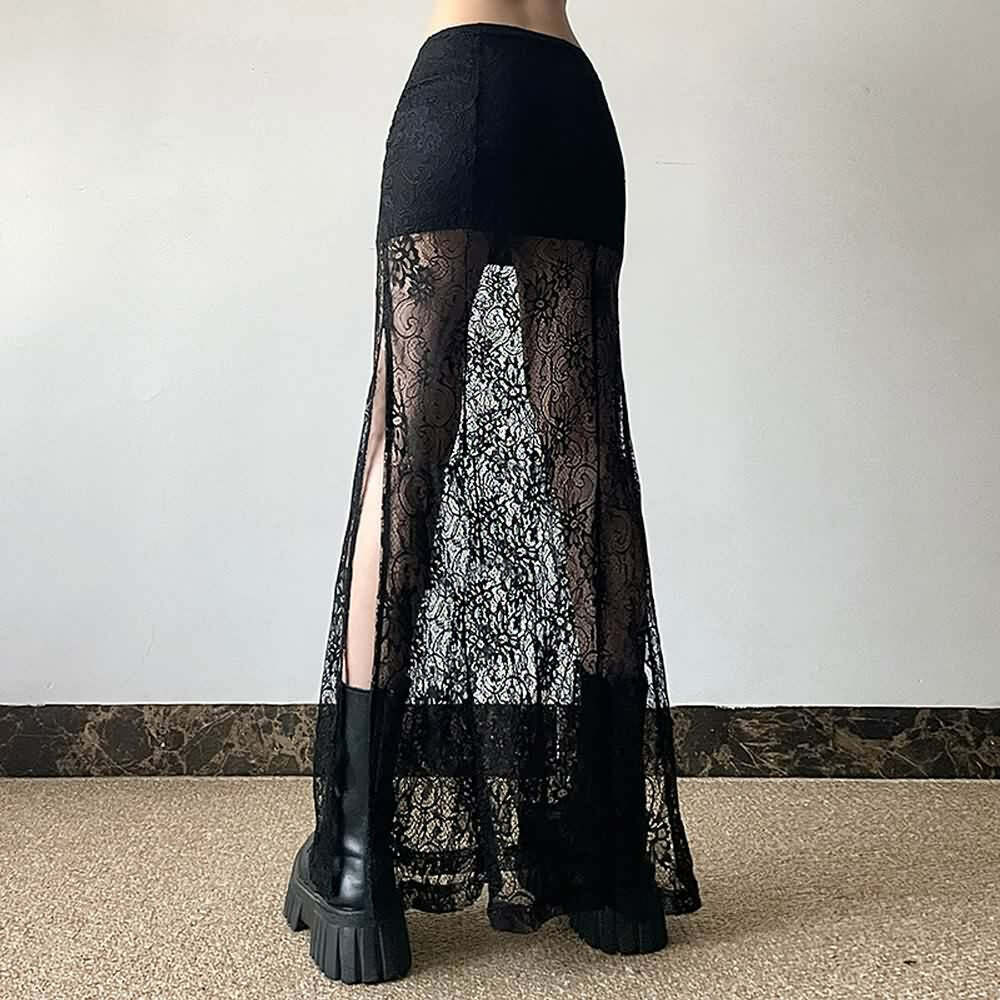 Y2K Goth Coquette Lace Slit Maxi Skirt - Retro 90s Grunge Summer Outfit