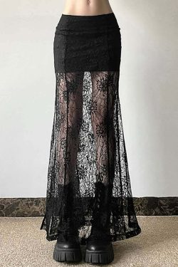 Y2K Goth Coquette Lace Slit Maxi Skirt - Retro 90s Grunge Summer Outfit
