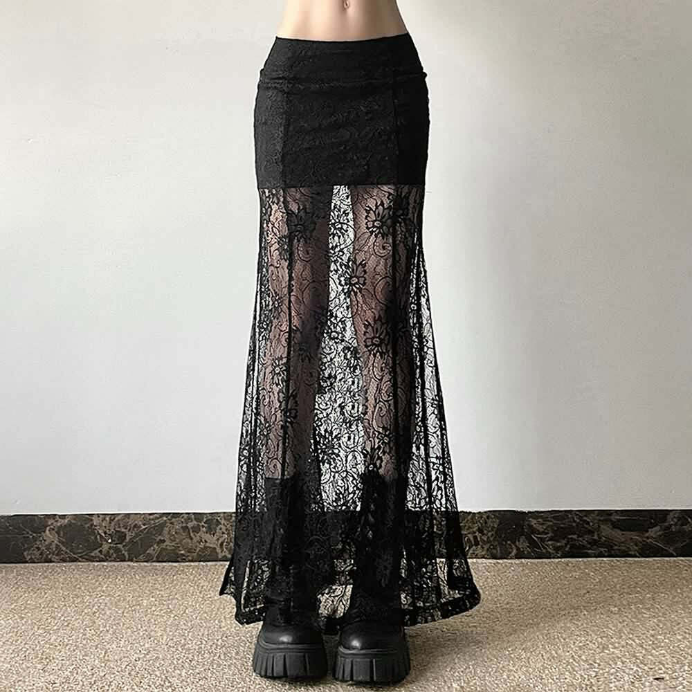 Y2K Goth Coquette Lace Slit Maxi Skirt - Retro 90s Grunge Summer Outfit