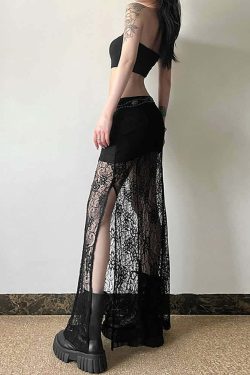 Y2K Goth Coquette Lace Slit Maxi Skirt - Retro 90s Grunge Summer Outfit