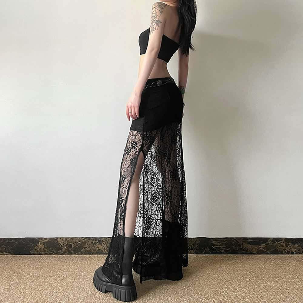 Y2K Goth Coquette Lace Slit Maxi Skirt - Retro 90s Grunge Summer Outfit