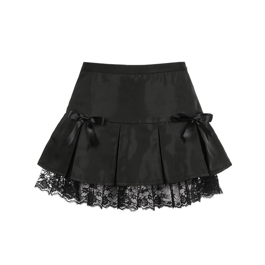 Y2K Goth Girl Mini Black Pleated Skirt with Lace Trim - 90s Grunge Summer Outfit