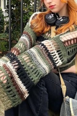 Y2K Goth Grunge Mesh Crop Knit Sweater - 90s Fashion, Retro Style, Y2K Summer Outfits