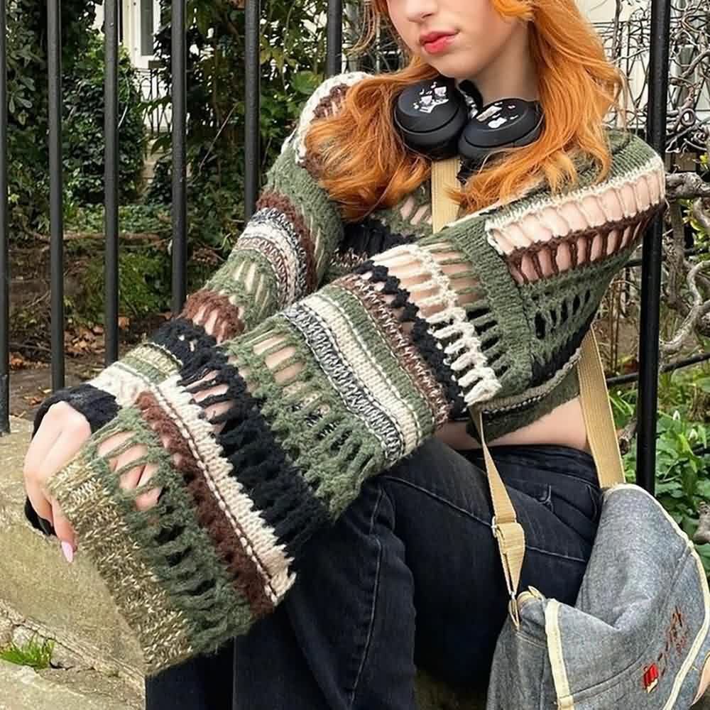 Y2K Goth Grunge Mesh Crop Knit Sweater - 90s Fashion, Retro Style, Y2K Summer Outfits