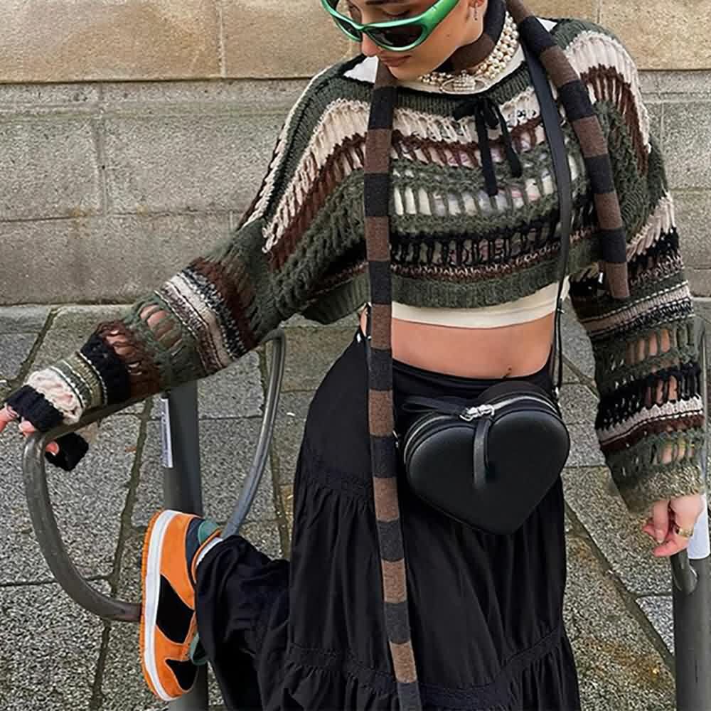 Y2K Goth Grunge Mesh Crop Knit Sweater - 90s Fashion, Retro Style, Y2K Summer Outfits