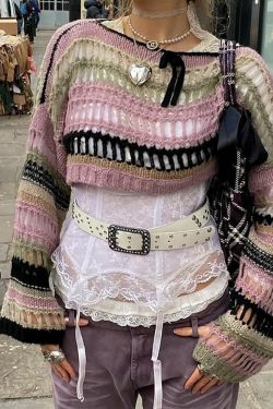 Y2K Goth Grunge Mesh Crop Knit Sweater - 90s Fashion, Retro Style, Y2K Summer Outfits