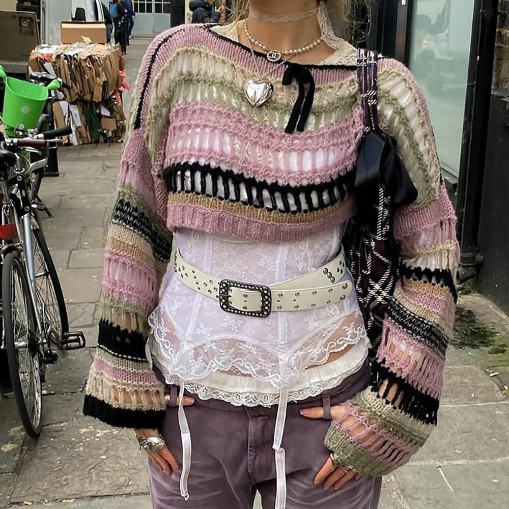 Y2K Goth Grunge Mesh Crop Knit Sweater - 90s Fashion, Retro Style, Y2K Summer Outfits