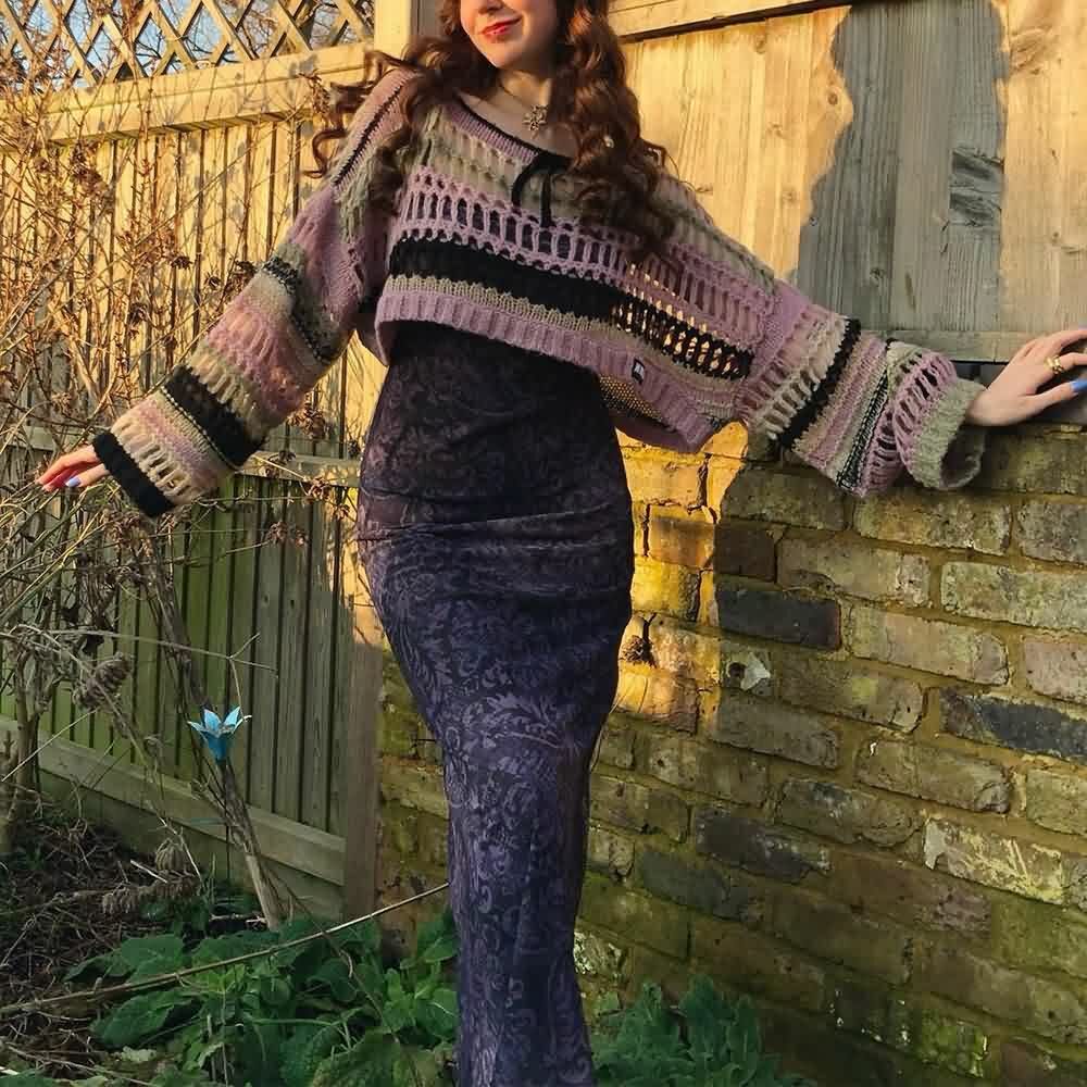 Y2K Goth Grunge Mesh Crop Knit Sweater - 90s Fashion, Retro Style, Y2K Summer Outfits