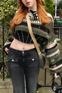 Y2K Goth Grunge Mesh Crop Knit Sweater - 90s Fashion, Retro Style, Y2K Summer Outfits