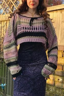 Y2K Goth Grunge Mesh Crop Knit Sweater - 90s Fashion, Retro Style, Y2K Summer Outfits