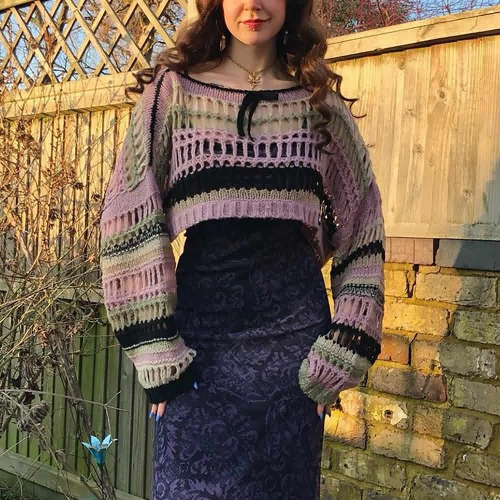 Y2K Goth Grunge Mesh Crop Knit Sweater - 90s Fashion, Retro Style, Y2K Summer Outfits