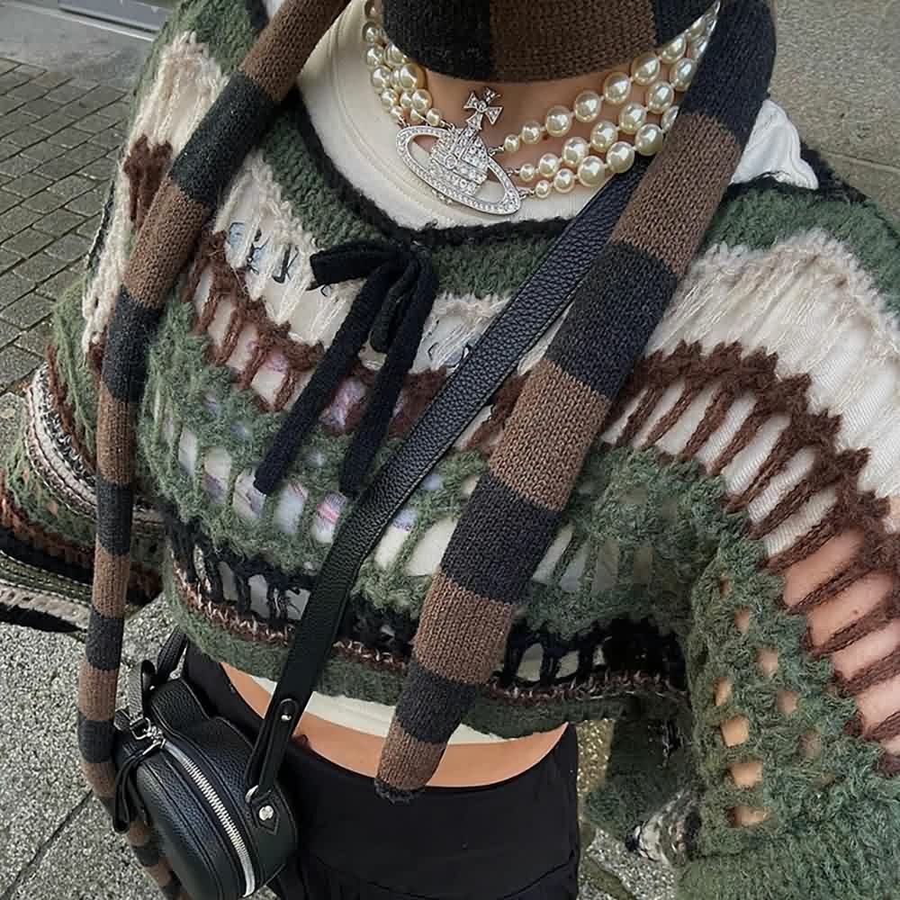 Y2K Goth Grunge Mesh Crop Knit Sweater - 90s Fashion, Retro Style, Y2K Summer Outfits