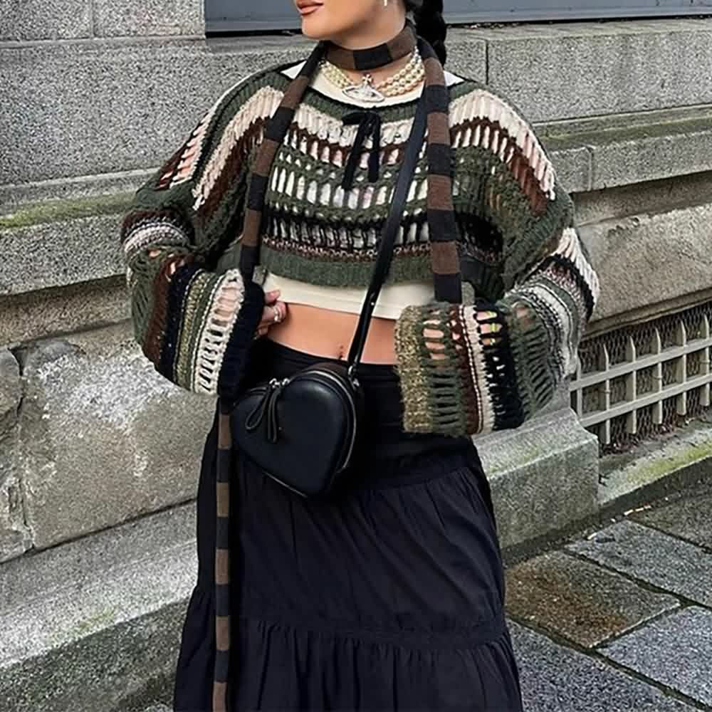 Y2K Goth Grunge Mesh Crop Knit Sweater - 90s Fashion, Retro Style, Y2K Summer Outfits