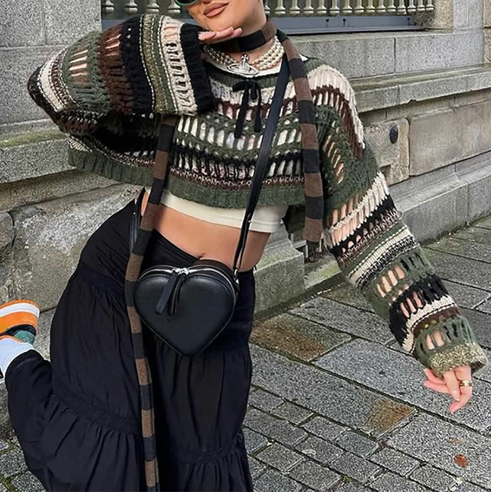 Y2K Goth Grunge Mesh Crop Knit Sweater - 90s Fashion, Retro Style, Y2K Summer Outfits
