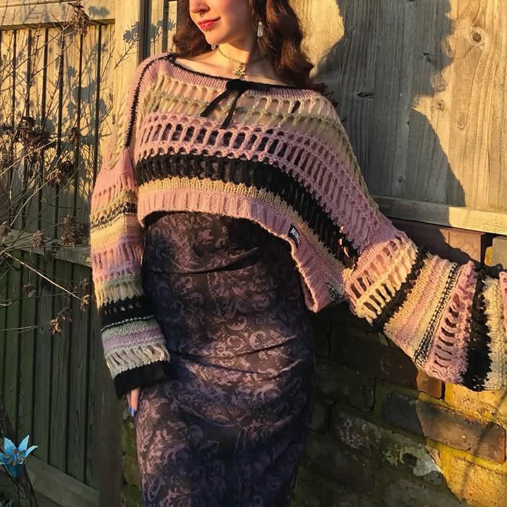 Y2K Goth Grunge Mesh Crop Knit Sweater - 90s Fashion, Retro Style, Y2K Summer Outfits