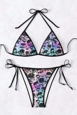 Y2K Goth Grunge Skull Halter String Bikini Set - Retro 90s Summer Beach Party Outfit