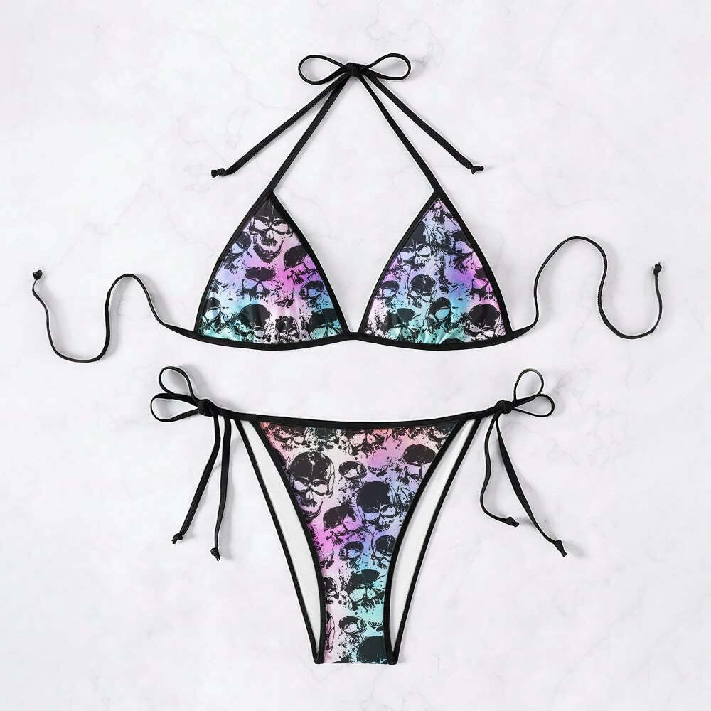 Y2K Goth Grunge Skull Halter String Bikini Set - Retro 90s Summer Beach Party Outfit