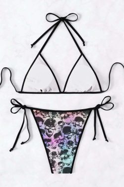 Y2K Goth Grunge Skull Halter String Bikini Set - Retro 90s Summer Beach Party Outfit