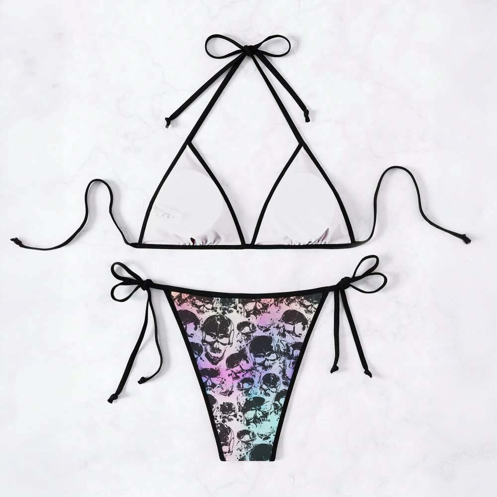 Y2K Goth Grunge Skull Halter String Bikini Set - Retro 90s Summer Beach Party Outfit