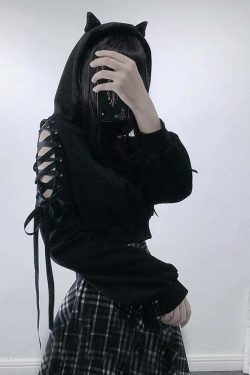 Y2K Goth Lace-Up Demon Hoodie Crop Top - 90s Grunge, Retro, Pastel Goth, Y2K Fashion
