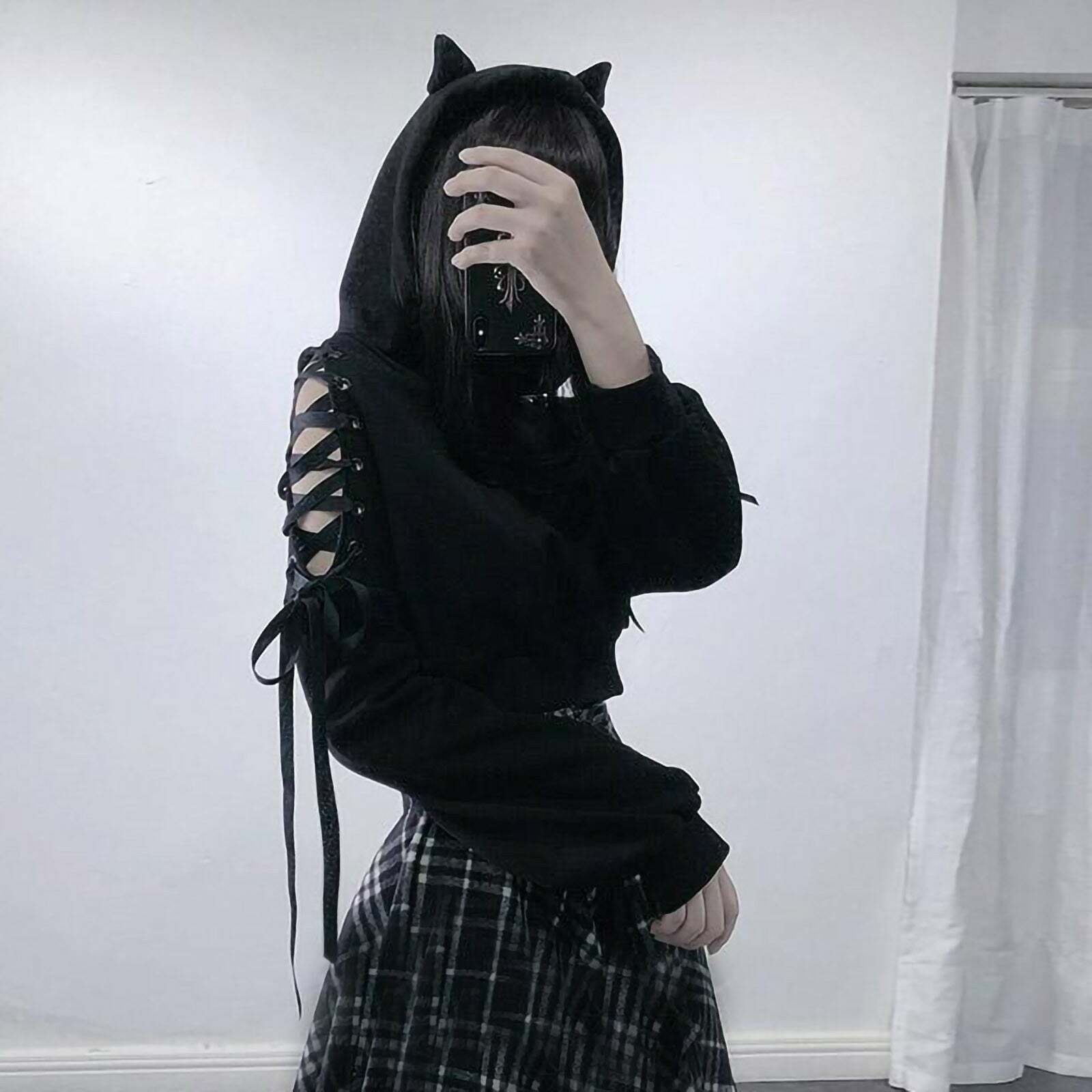 Y2K Goth Lace-Up Demon Hoodie Crop Top - 90s Grunge, Retro, Pastel Goth, Y2K Fashion