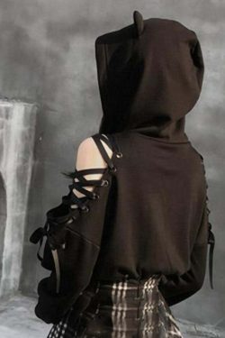 Y2K Goth Lace-Up Demon Hoodie Crop Top - 90s Grunge, Retro, Pastel Goth, Y2K Fashion