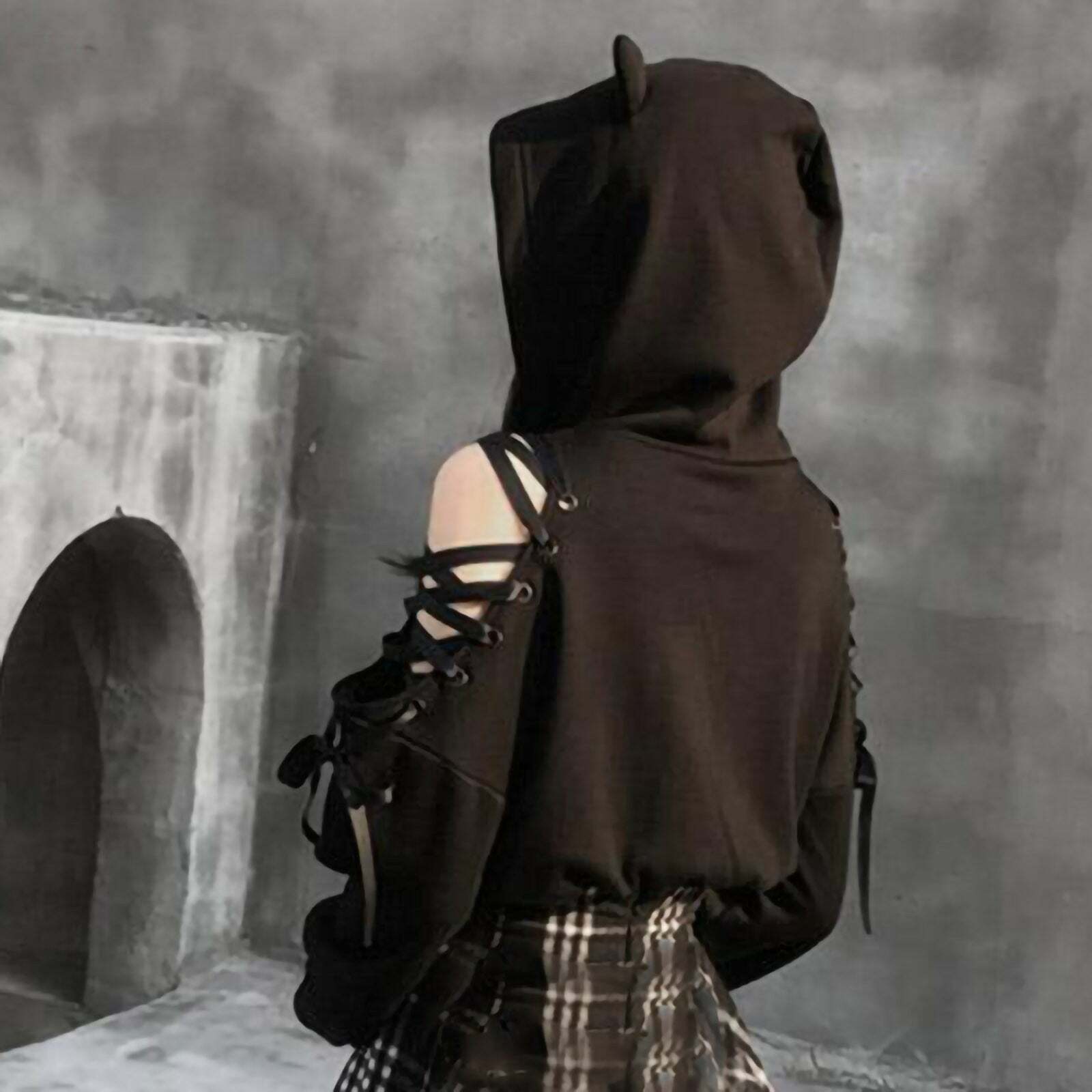 Y2K Goth Lace-Up Demon Hoodie Crop Top - 90s Grunge, Retro, Pastel Goth, Y2K Fashion