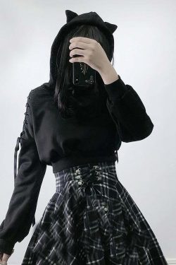 Y2K Goth Lace-Up Demon Hoodie Crop Top - 90s Grunge, Retro, Pastel Goth, Y2K Fashion