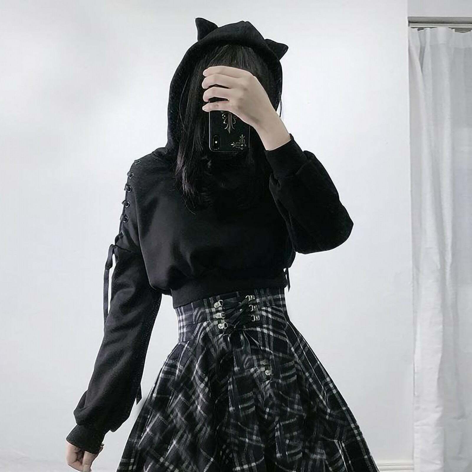 Y2K Goth Lace-Up Demon Hoodie Crop Top - 90s Grunge, Retro, Pastel Goth, Y2K Fashion