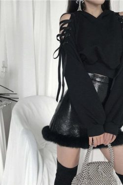 Y2K Goth Lace-Up Demon Hoodie Crop Top - 90s Grunge, Retro, Pastel Goth, Y2K Fashion